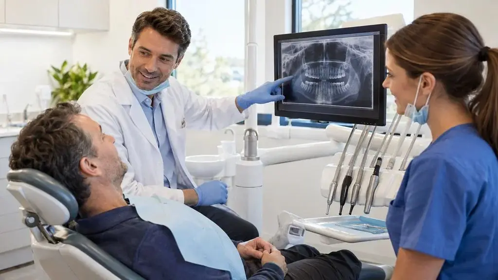 A dentist and assistant calmly reviewing an x-ray with a patient