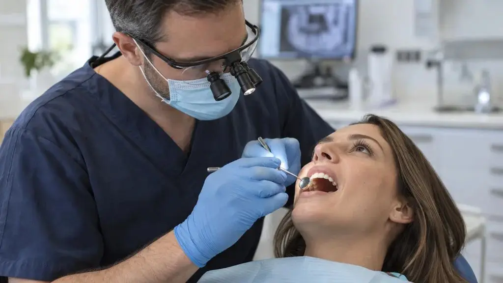 A dentist examining a patient’s cracked tooth with a small mirror