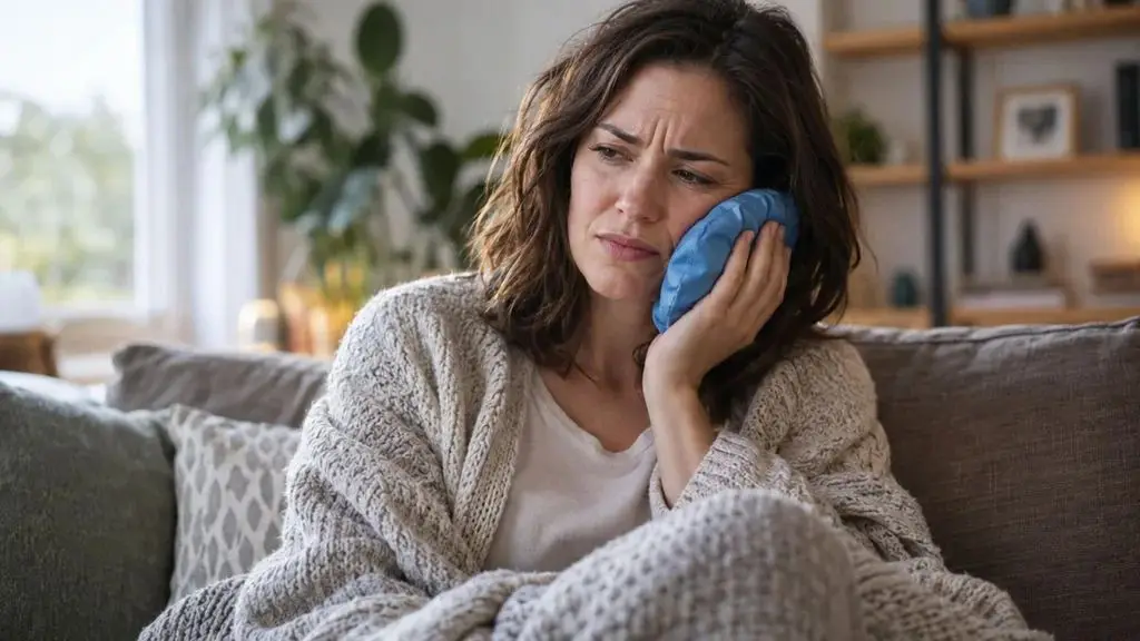 A woman pressing a cold compress to her swollen cheek because of a toothache