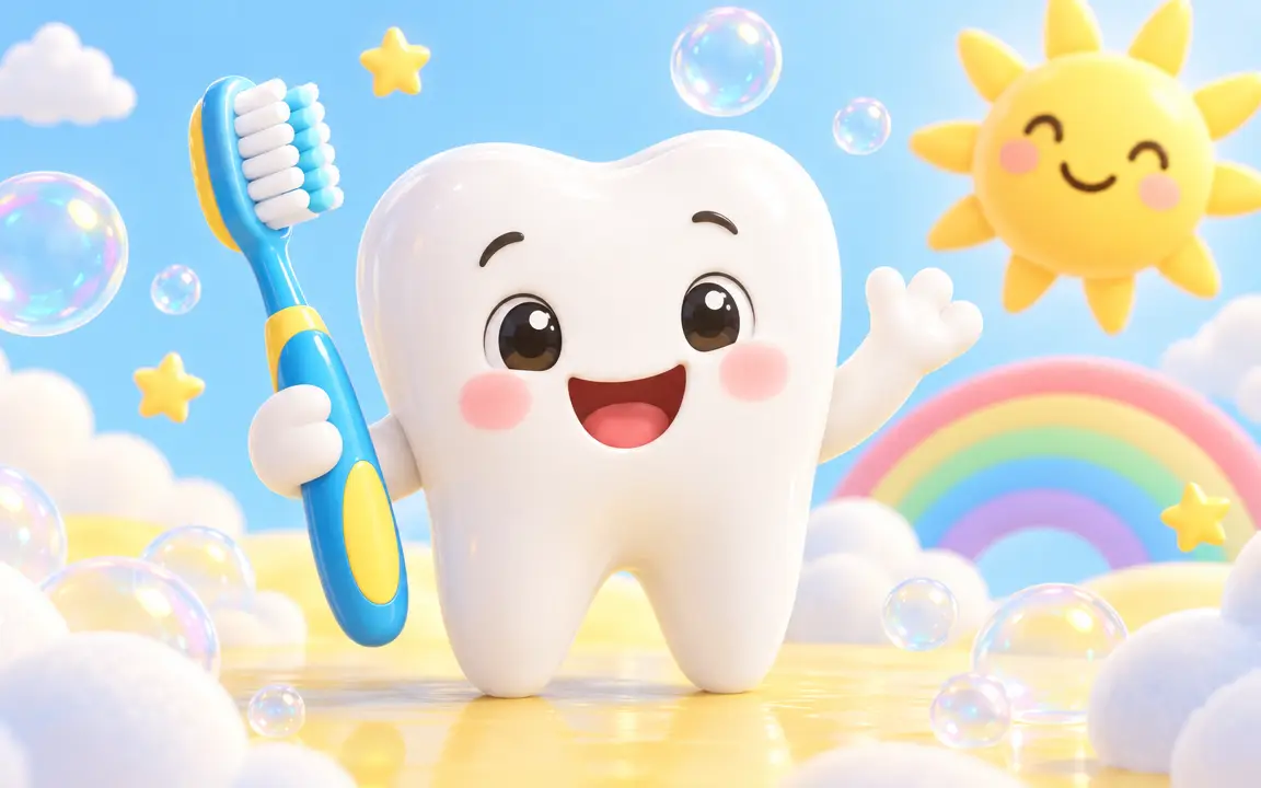 A friendly smiling tooth character holding a toothbrush
