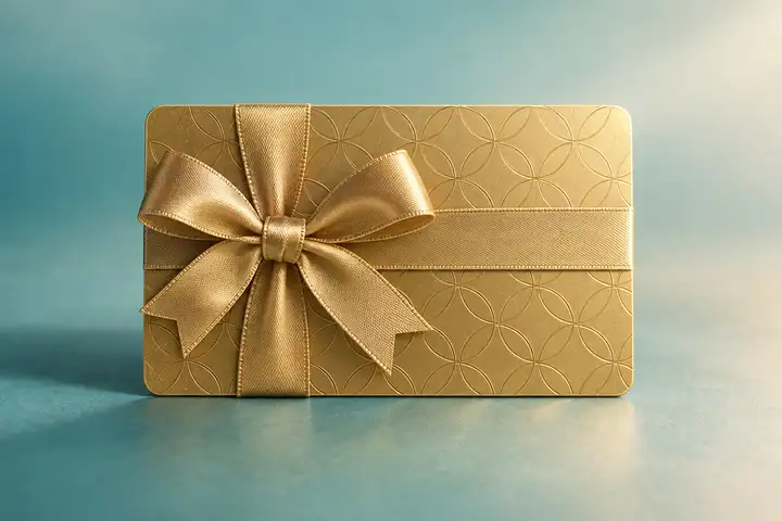 A gold gift card tied with a ribbon