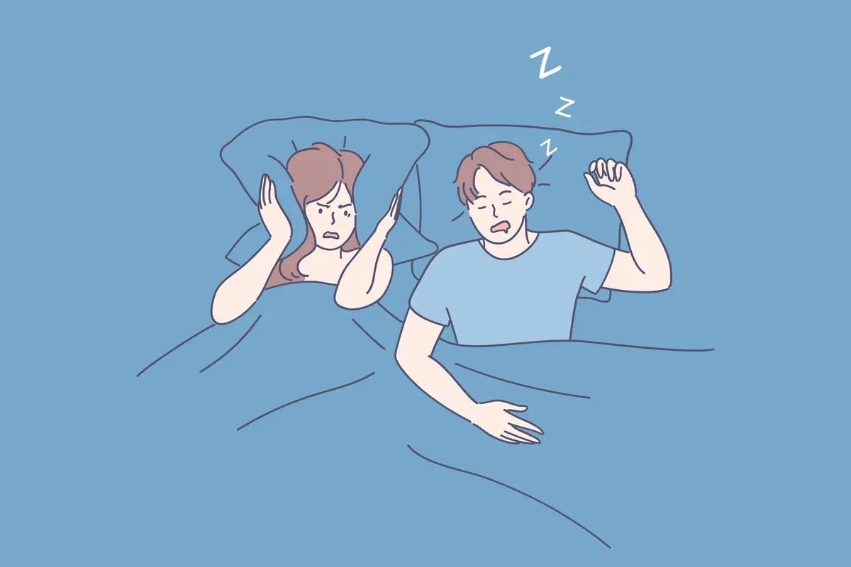 man snoring next to woman illustration